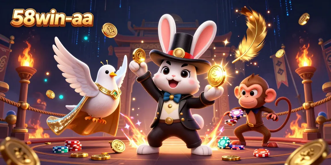 Engage with thrilling casino gameplay at 58win-aa with a colorful scene featuring a magician and casino symbols.