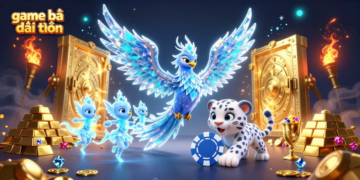 Experience the thrill of game bài đổi thưởng with a dazzling phoenix and playful cub amidst gold treasures and magical sprites.