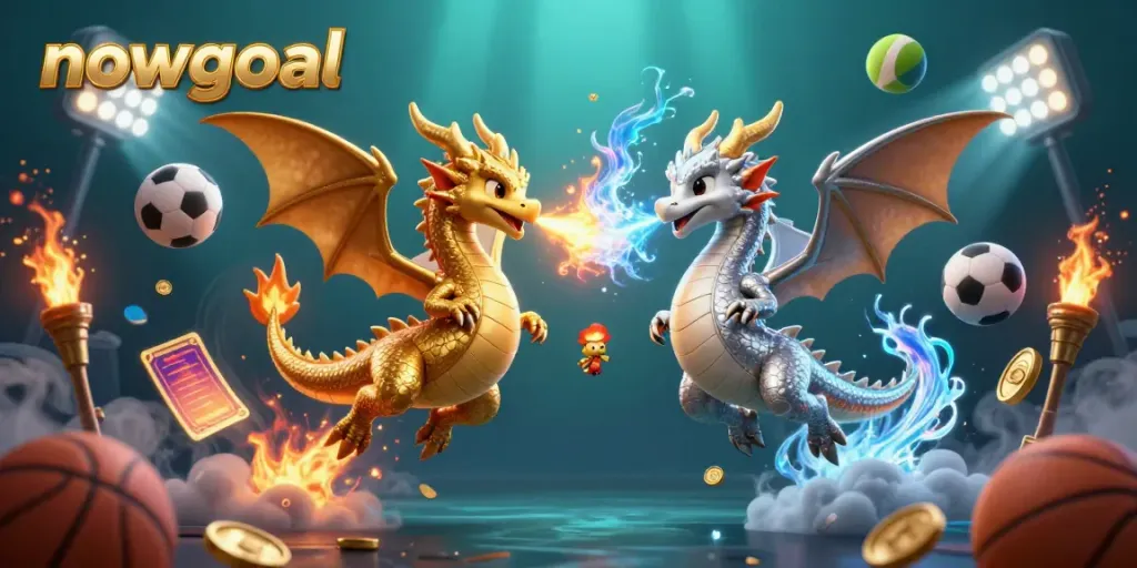 Betters calculate their winnings at Nowgoal with 3D dragons and sports elements swirling around.