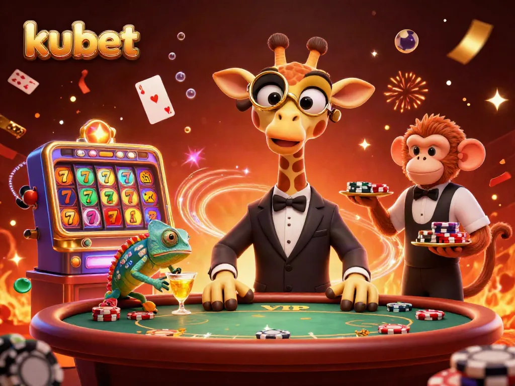 Engage in thrilling games at kubet with a high-roller giraffe, monkey valet, and chameleon bartender in an exciting casino atmosphere.