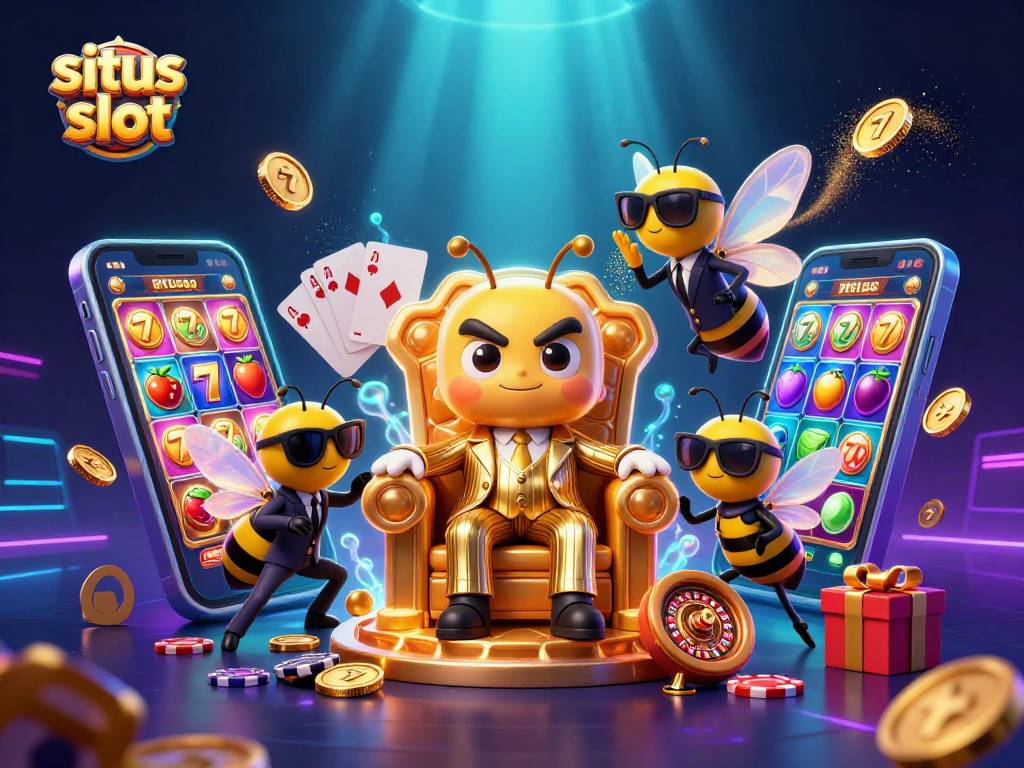 Spin the reels with situs slot in a vibrant 3D illustration of a bumblebee mob boss and gaming elements.