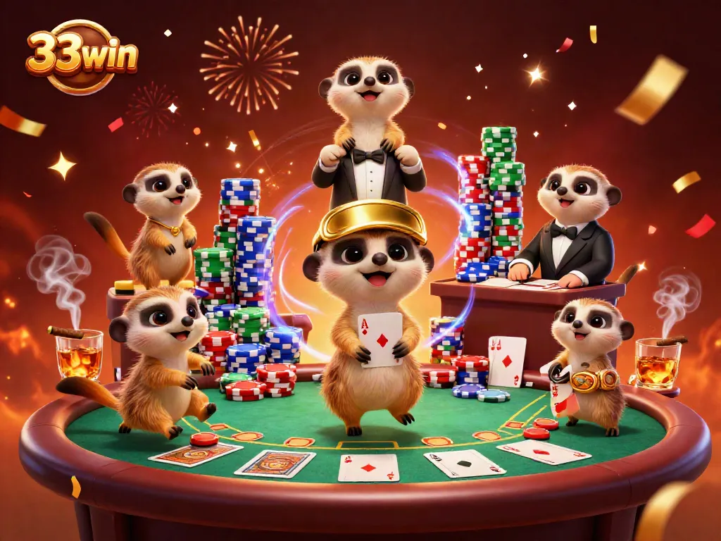 Gamble smartly at 33win as animated meerkats run a vibrant casino with poker excitement.