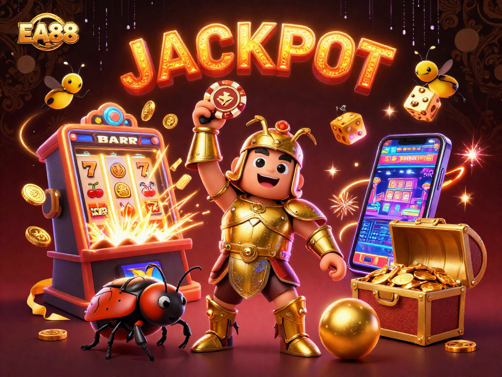 EA88 gaming excitement captured as a cartoon beetle lifts a poker chip at a buzzing casino.