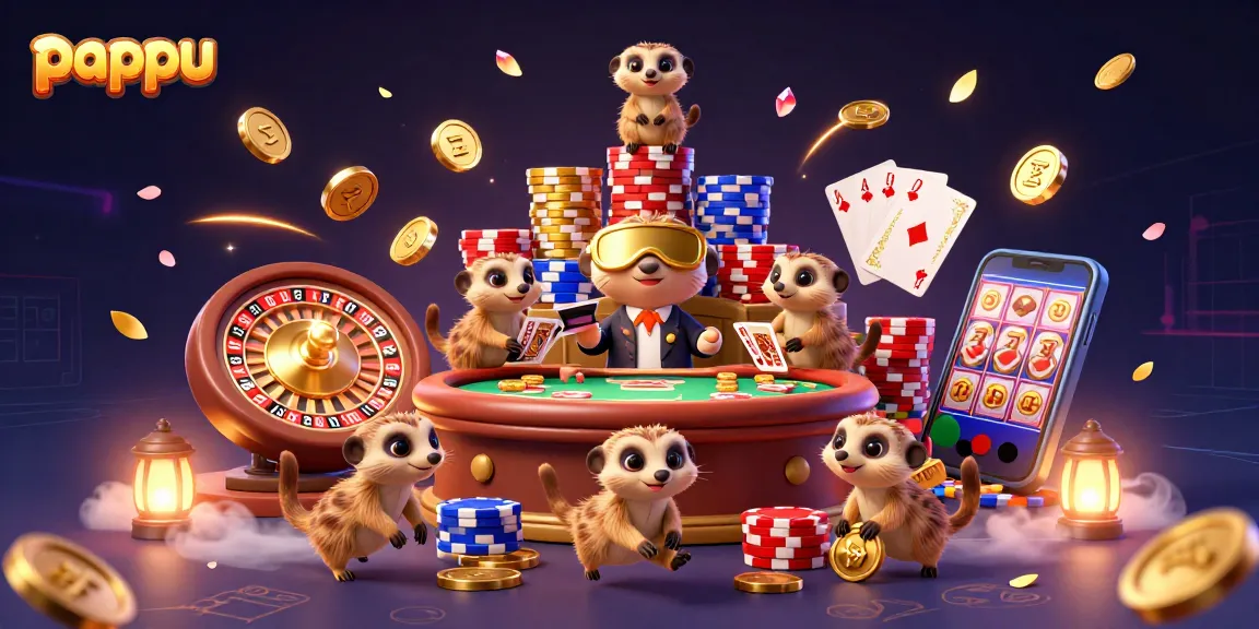 Pappu game illustration featuring meerkats in a lively casino setting with dynamic elements like poker chips and coins.