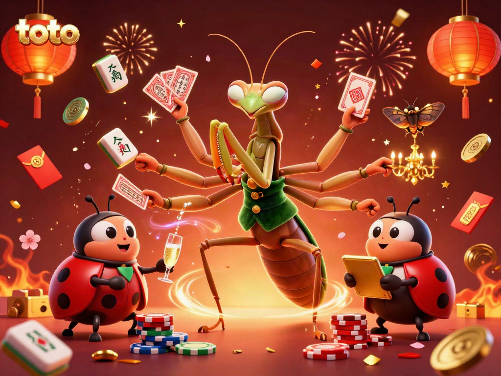 Toto-inspired casino scene featuring a giant praying mantis card sharp and vibrant gambling elements in action.