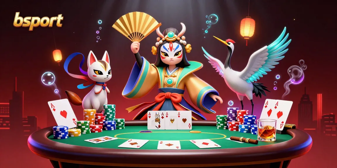 Engage with bsport through an interactive poker scene featuring a kabuki warrior and kitsune mask in vibrant colors.