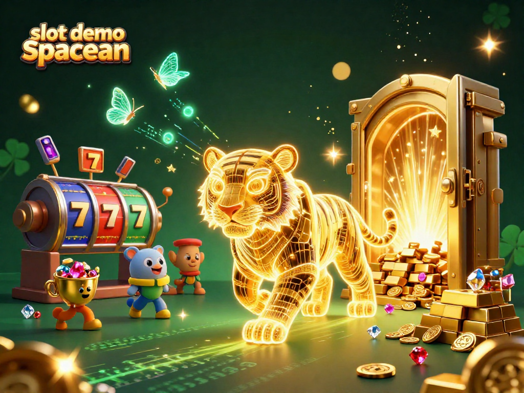 Experience the excitement of slot demo spaceman with vibrant slot reels and a golden tiger surrounded by treasure.