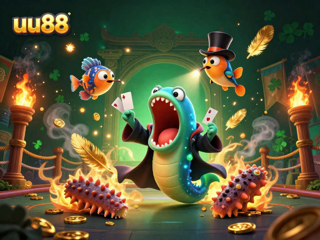 Engage with uu88's vibrant casino scene featuring a creative magic act and dynamic gambling elements.