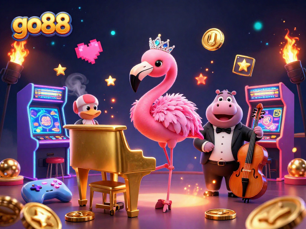 Experience the vibrant casino vibe with go88 featuring a flamingo and hippo in a rich, dynamic scene.
