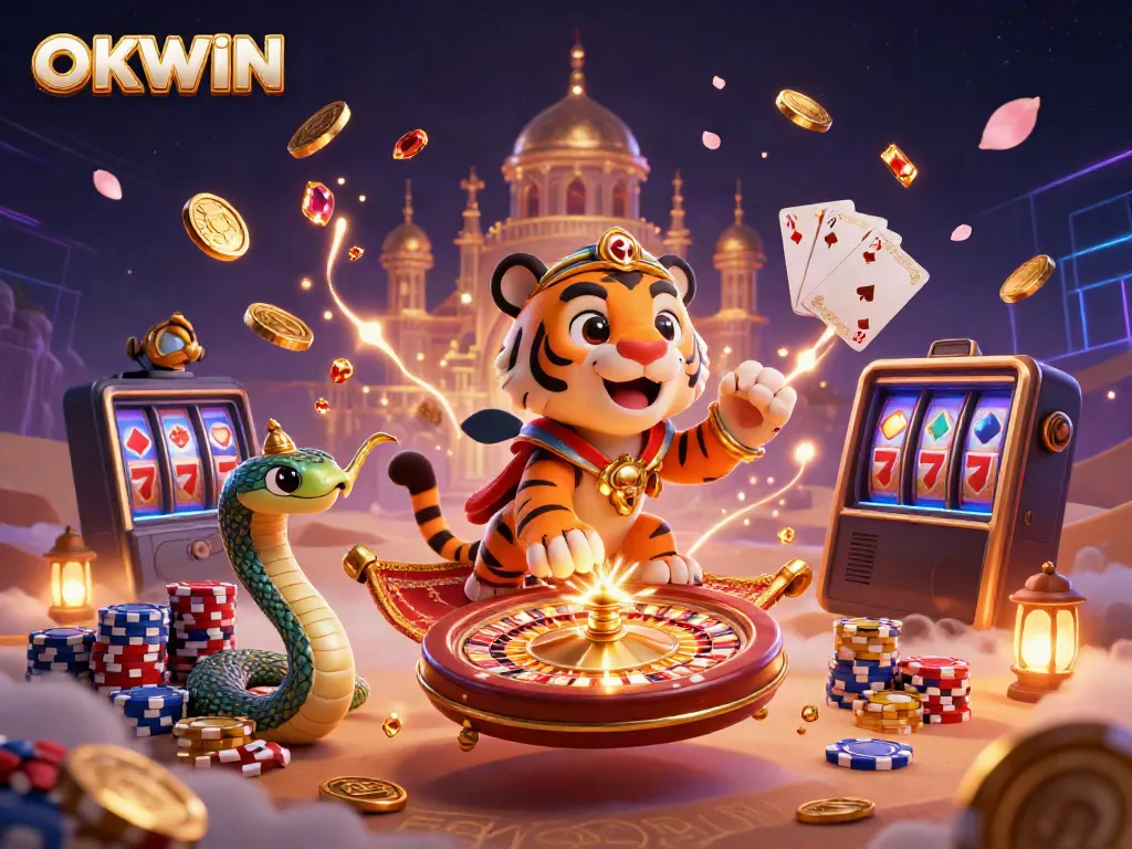 Engage with OKWIN's vibrant online casino experience featuring a magical sultan, radiant gems, and poker-themed elements.