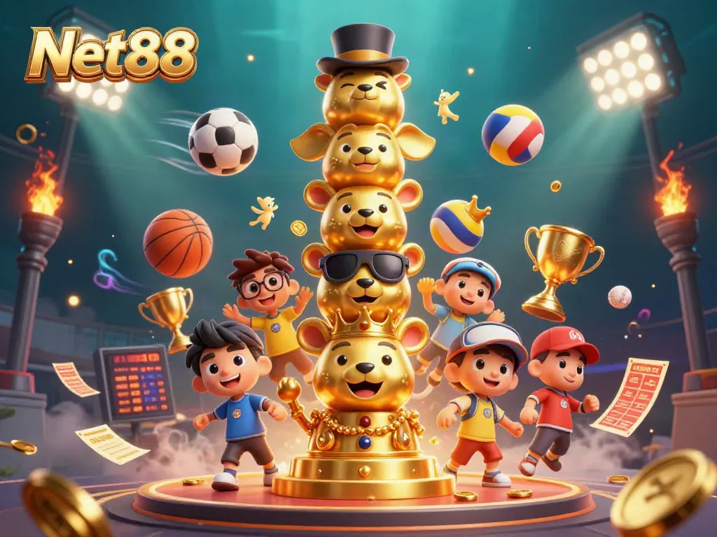Engage with Net88's premium sports betting, featuring dynamic sports elements and a vibrant atmosphere.