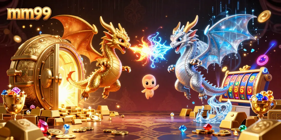 Experience exhilarating gameplay at mm99 with dynamic 3D dragons amidst treasures and vibrant slot elements.