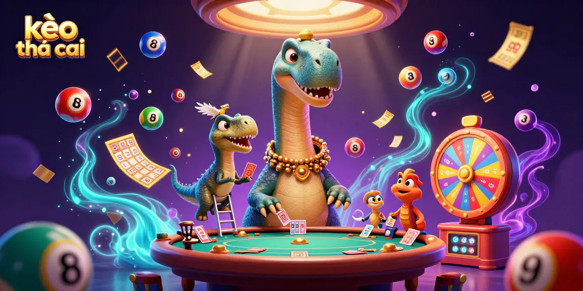 Engage with kèo nhà cái as the cartoon brontosaurus towers over a vibrant casino scene.