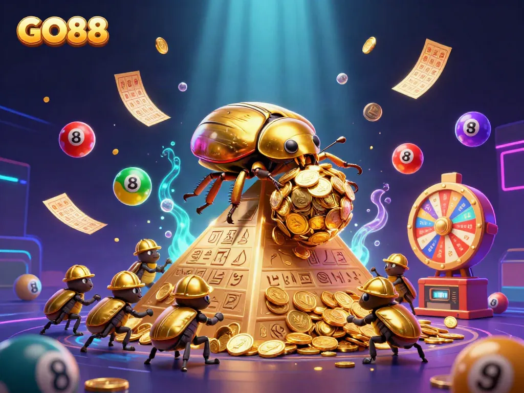 Engage with GO88's exciting gaming world through colorful lottery elements and golden symbols.