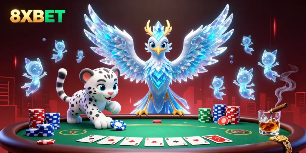 Engage with vibrant gaming moments featuring 8XBET-themed characters and poker elements.