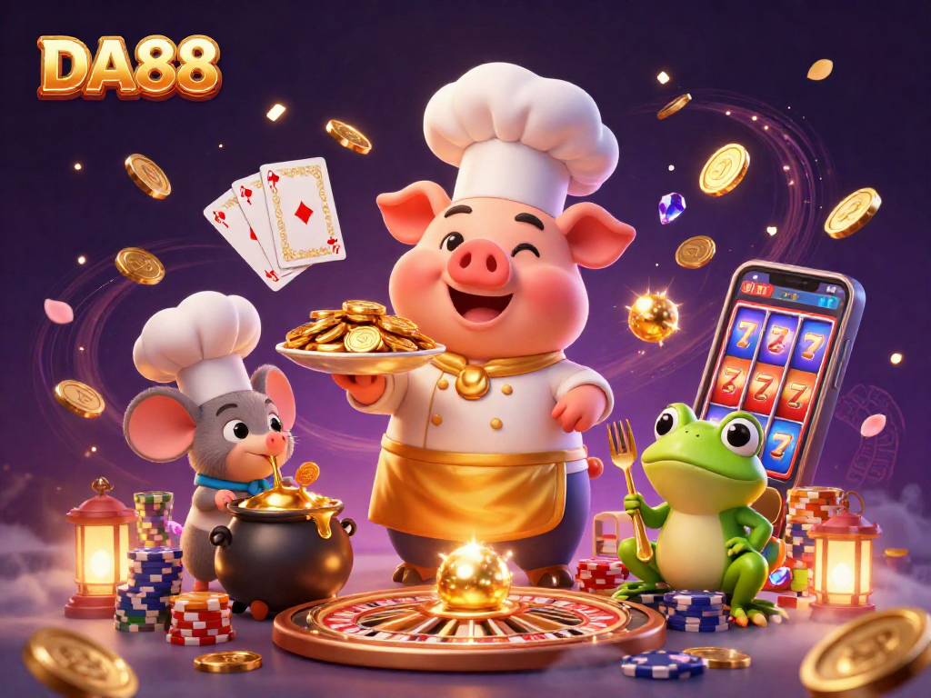 DA88 showcases winning strategies with golden coins and festive gaming characters in a vibrant casino scene.