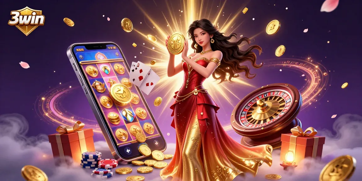 Experience 3win excitement with golden coins raining down in a vibrant casino illustration.