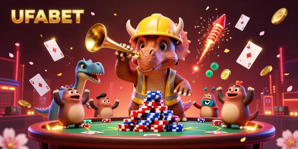 Celebrate wins with UFABET's lively gaming scene featuring poker elements and cheerful characters.