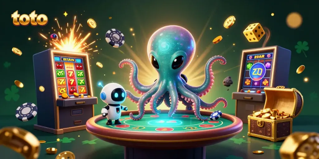 Engage in thrilling toto casino action with an alien octopus and its robot companion.