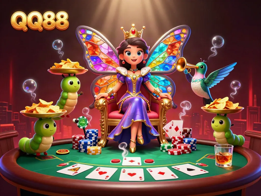 Engage in thrilling gameplay at QQ88, with a playful scene featuring a butterfly queen and poker elements.