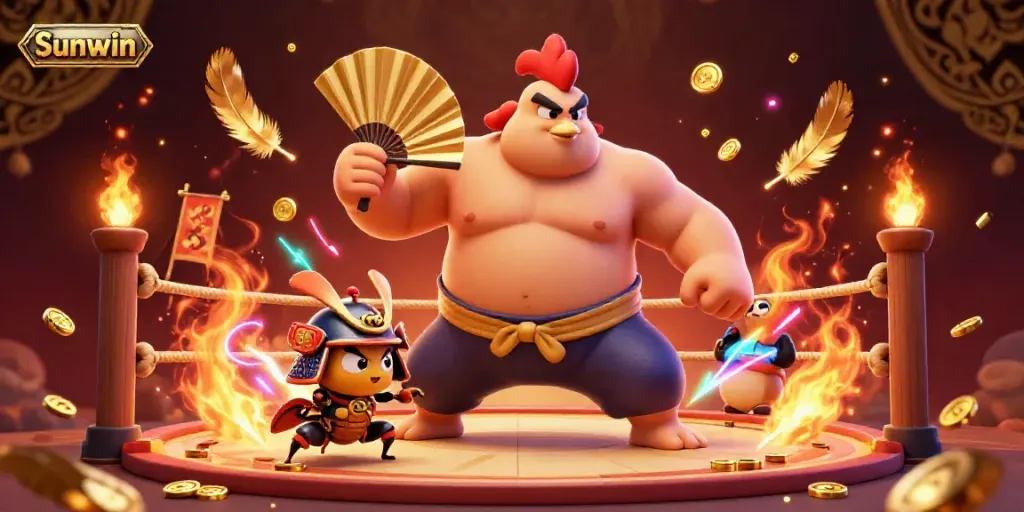 Experience the excitement of Sunwin with a vibrant battle scene featuring animated characters and casino elements.