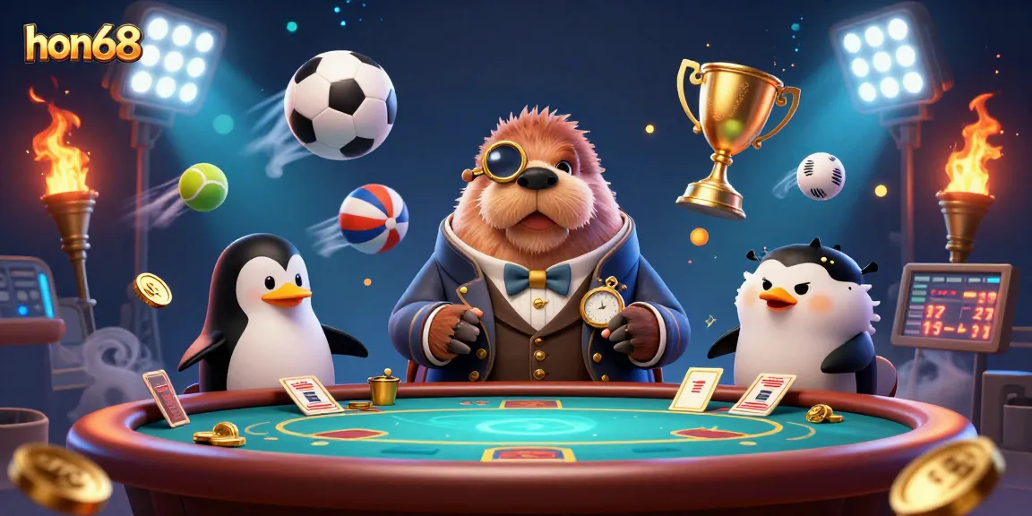 Experience thrilling poker action at hon68 with a jolly walrus, penguin dealer, and bluffing pufferfish.