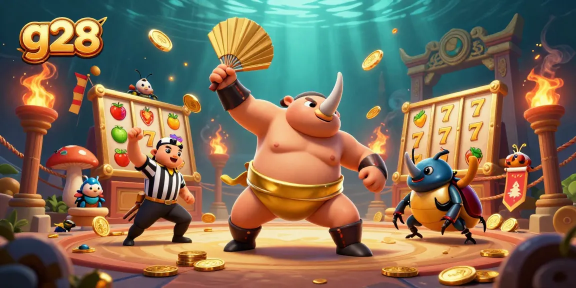 Experience the excitement of g28 with a dynamic sumo beetle champion surrounded by casino elements.