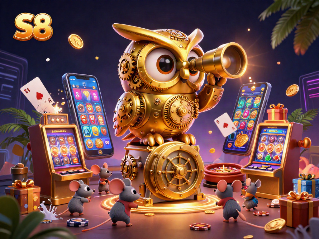 Spin the reels with S8 as the golden owl and wind-up mice bring luck in this vibrant casino scene.
