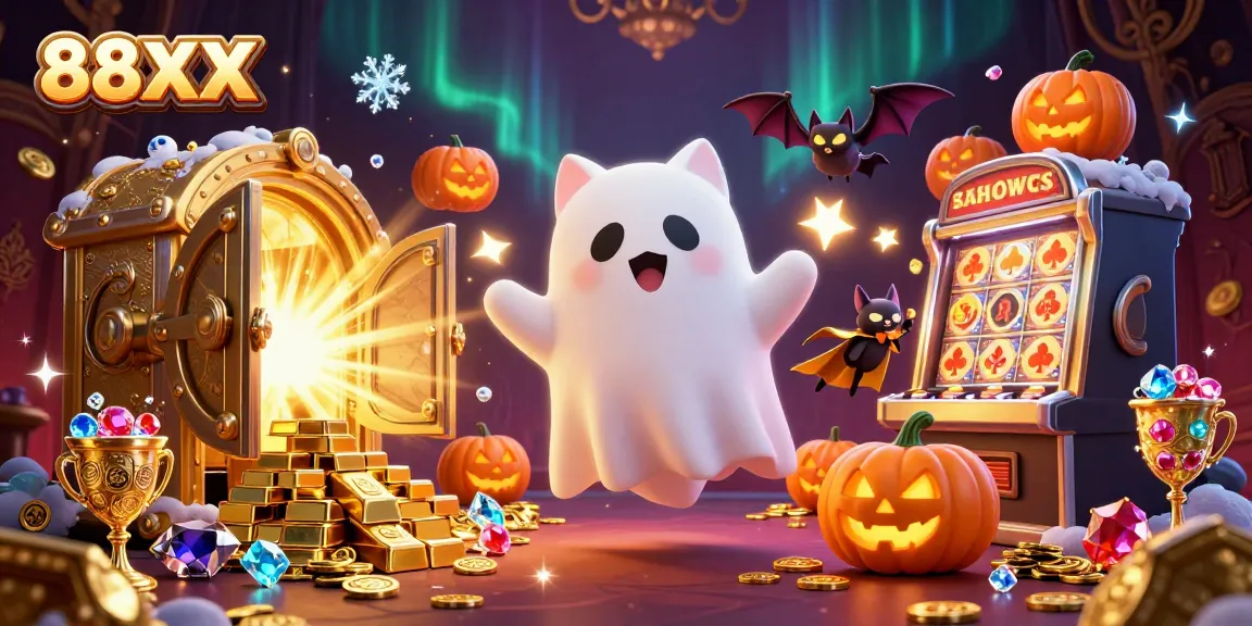Win big at 88XX, featuring a playful ghost cat, a vampire bat, and sparkling gems in a haunted casino.