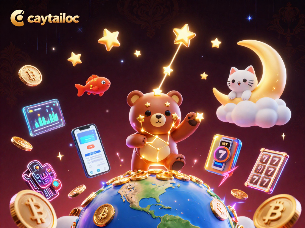 Play slots and win with caytailoc's dynamic gaming illustration featuring cosmic characters and coins.