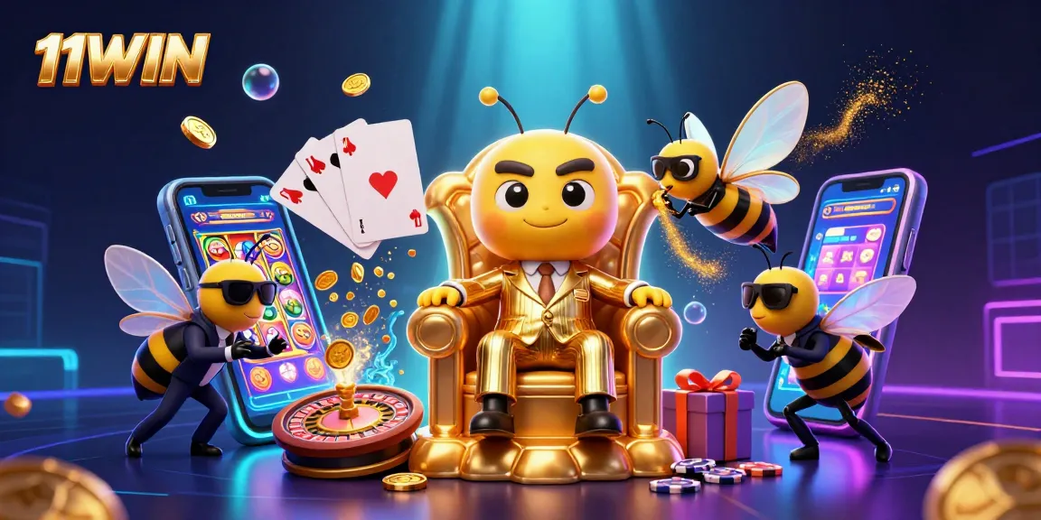 Experience the exciting world of 11WIN with a vibrant casino scene featuring slot games and colorful characters.