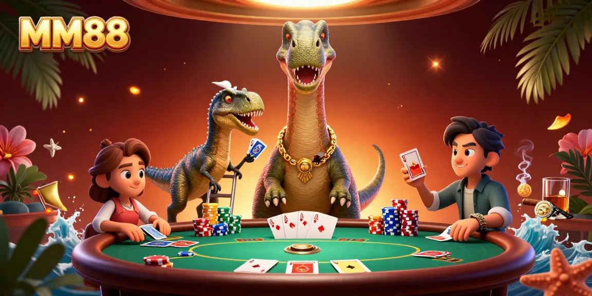 Engage in thrilling poker action with MM88 where a giant brontosaurus watches as a clever raptor deals cards.