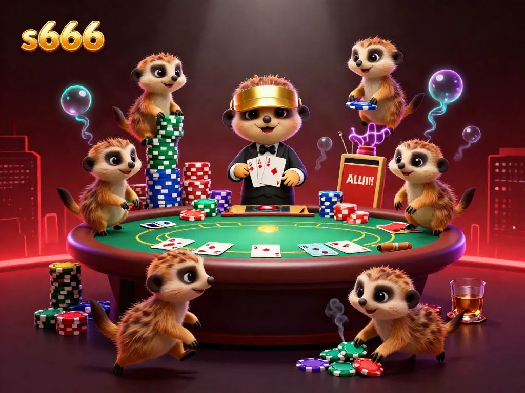 Engage in thrilling casino action with s666 through a vibrant meerkat casino scene full of poker excitement.