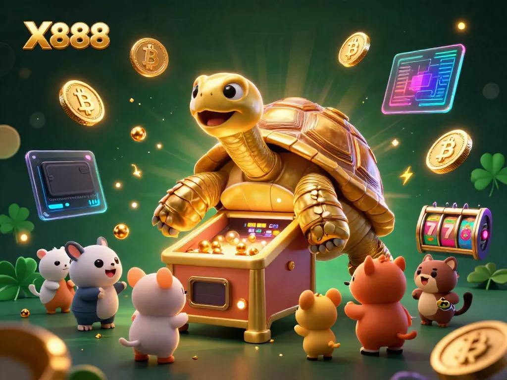 X888 slot gameplay characters vibrant in a colossal tortoise pinball machine scene.