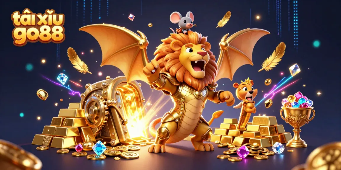 Engage with tài xỉu go88 as the chimera creature roars triumphantly in a vibrant casino scene.