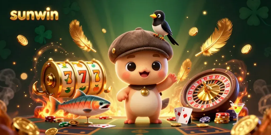 Engage in thrilling casino adventures with sunwin featuring playful cartoon characters, spinning roulette wheels, and golden slot symbols.