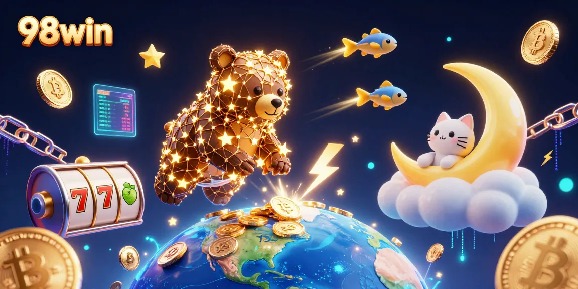 Experience winning moments at 98win with a vibrant casino-themed illustration featuring slots and currency elements.