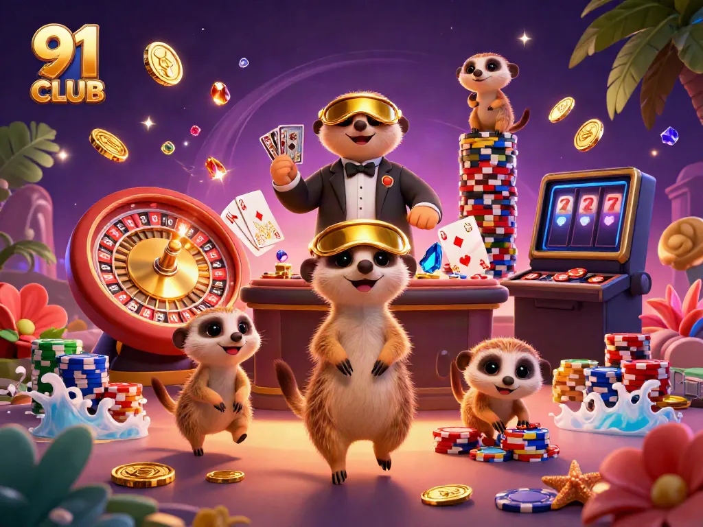 Experience the thrill at 91 CLUB with meerkats running a vibrant casino scene in 3D.