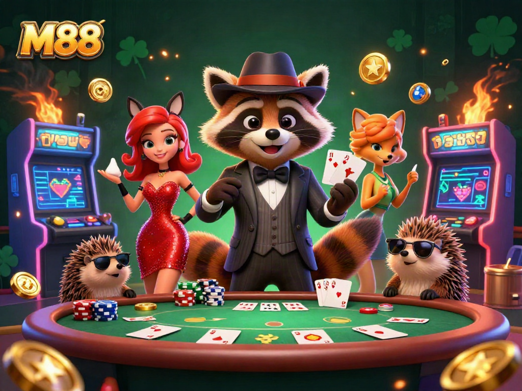 M88 brings excitement to the casino with a raccoon and fox in a poker scene filled with colorful gaming elements.