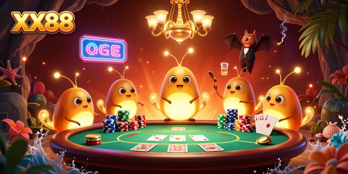 XX88 casino scene with glowworms lighting up a poker table, showcasing vibrant gameplay.