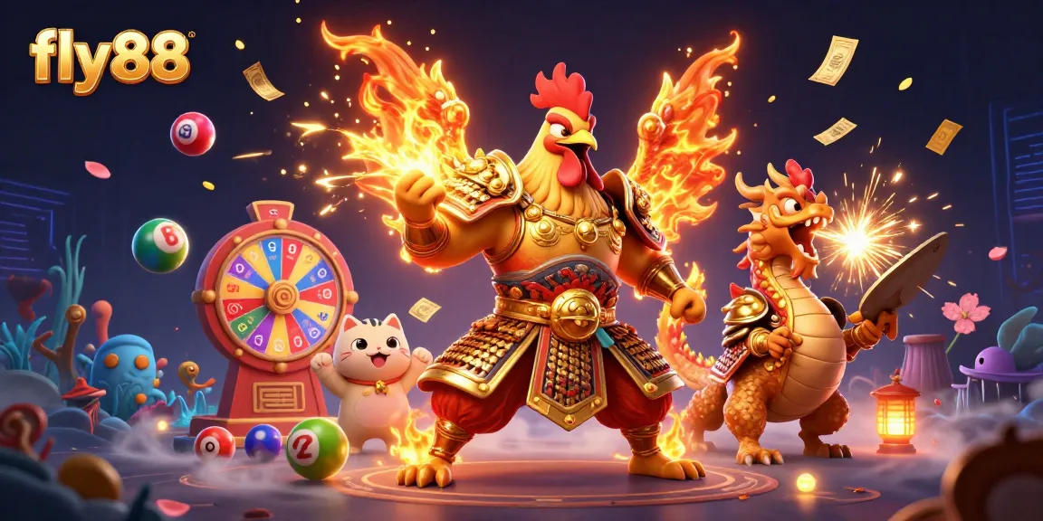 Engage in exciting gaming at fly88 with colorful lottery elements amidst dynamic scenes of winning
