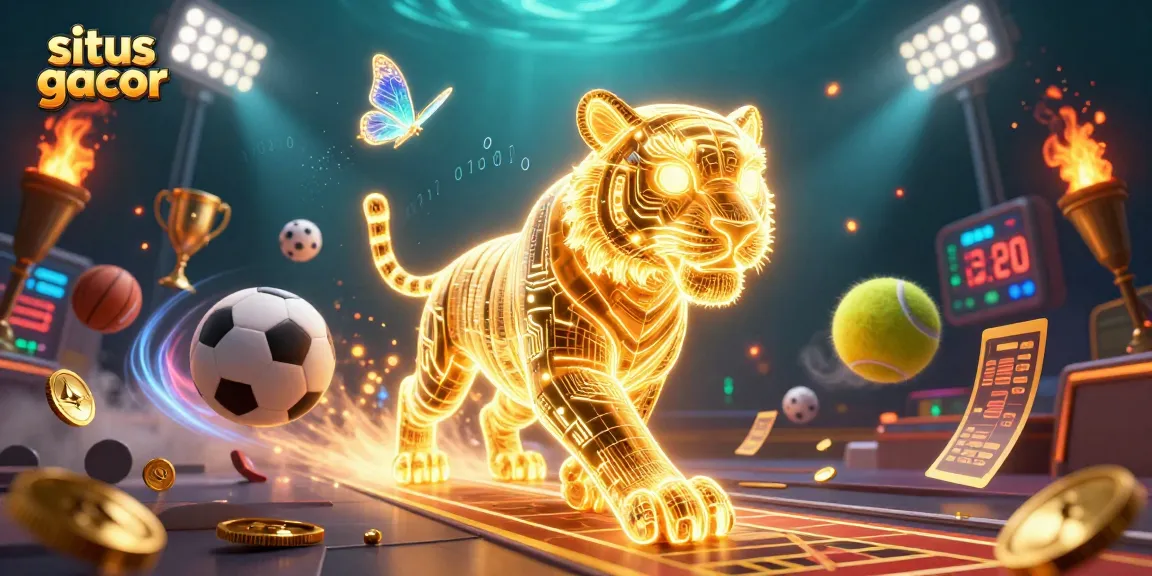 Engage with the thrilling situs gacor experience featuring a neon-wireframe tiger and dynamic sports elements in a digital casino.