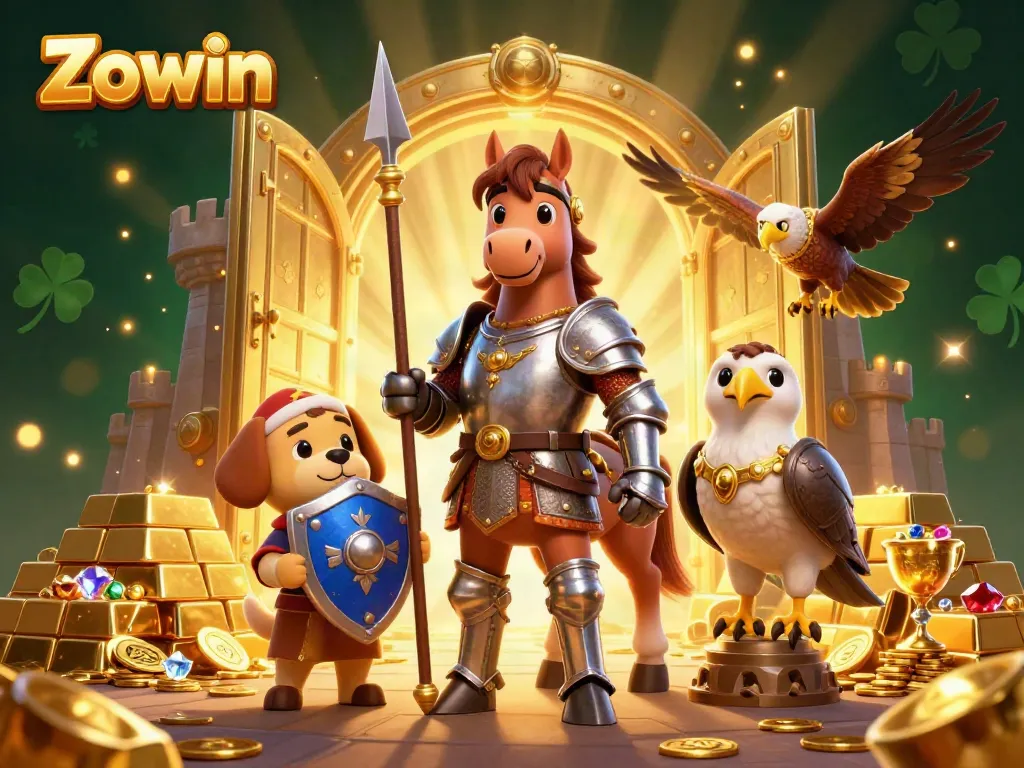 Zowin showcases a thrilling 3D medieval knight scene filled with gold and jewels, perfect for casino action.