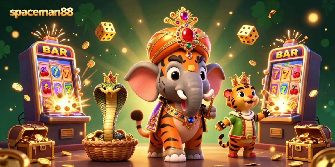 Explore spaceman88's vibrant slot games featuring a lavish 3D tiger and elephant in a jackpot scene.