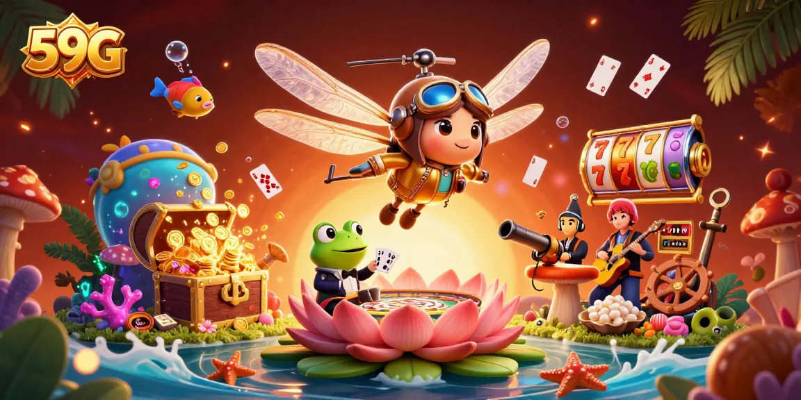 Experience thrilling gameplay at 59G with a lively casino scene filled with vibrant characters and slot elements.