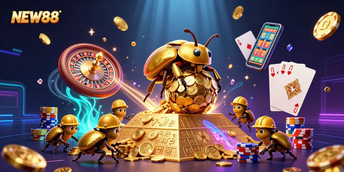 NEW88 showcases an exciting 3D casino scene with golden elements, vibrant colors, and dynamic gameplay.