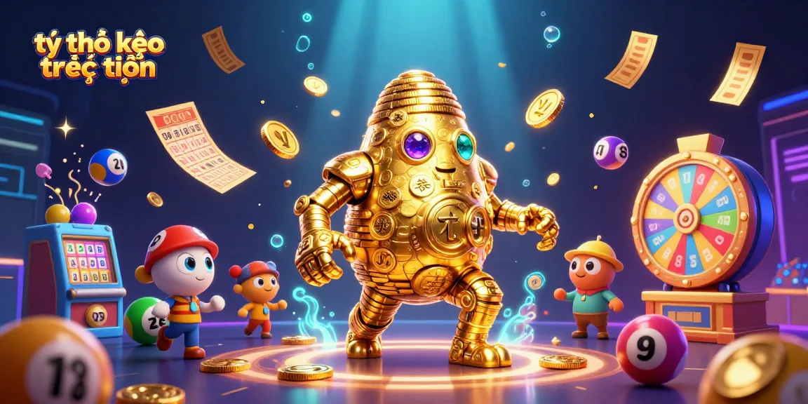 Experience tỷ lệ kèo trực tuyến with a dynamic 3D scene of a golden golem surrounded by colorful lottery elements.