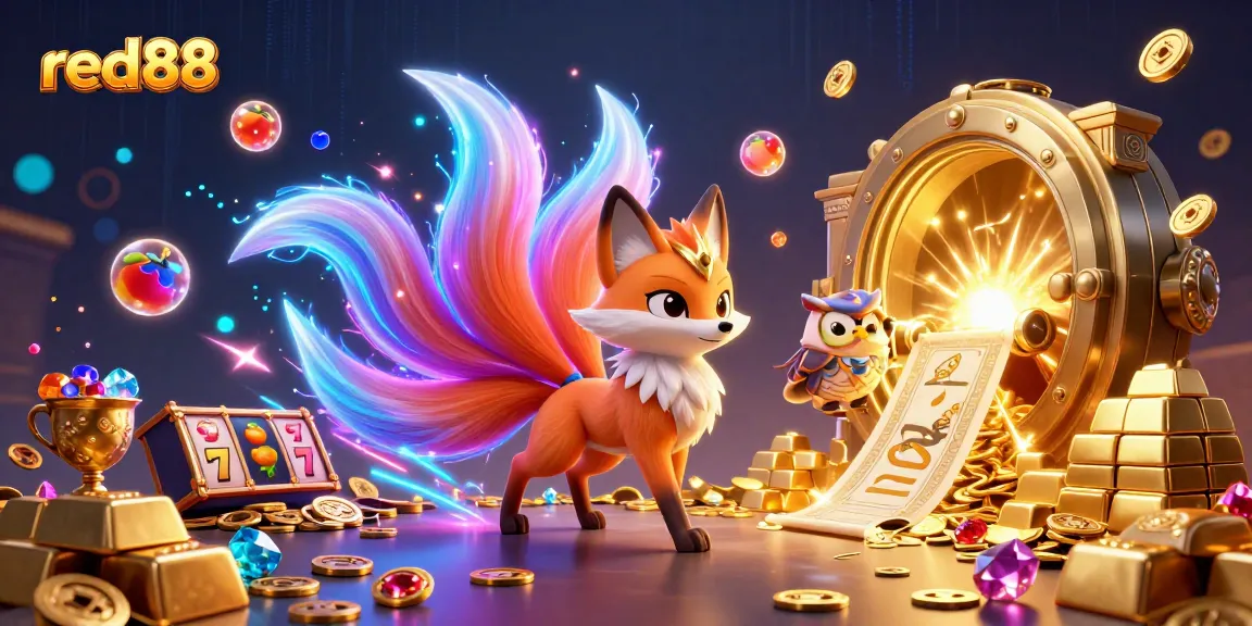 Experience vibrant gameplay with red88, featuring a nine-tailed fox, slot reels, and a treasure vault.