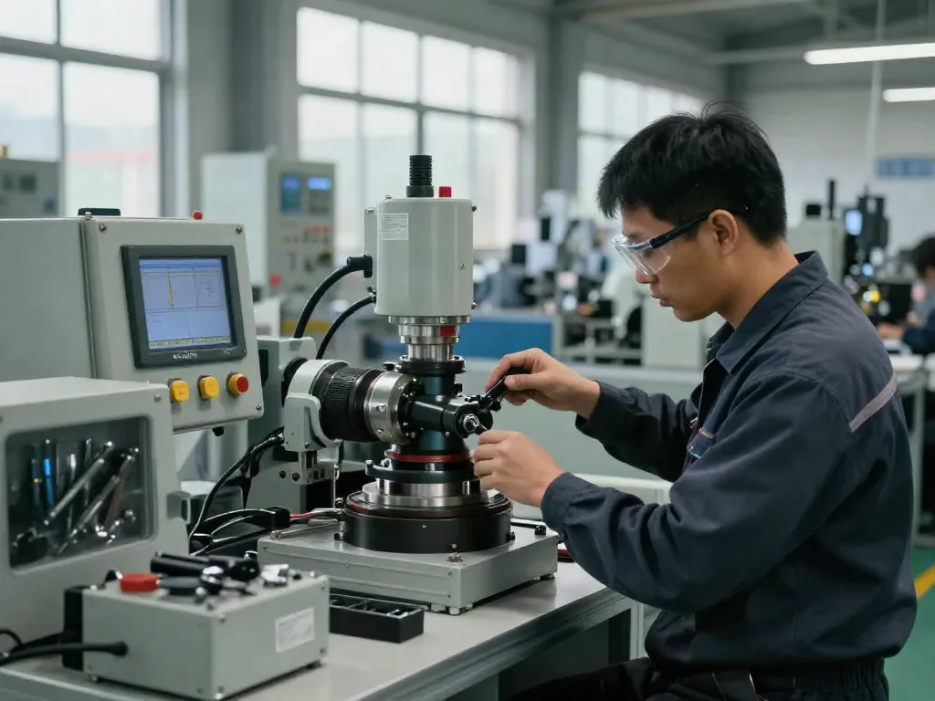 Technician adjusting a mechanical vacuum switch in an industrial setting for precision in manufacturing.