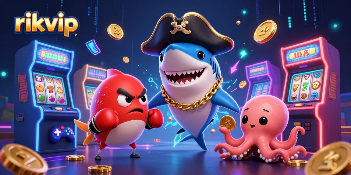 rikvip showcases an energetic scene with a cartoon pirate shark, a pufferfish boxer, and an octopus holding coins, symbolizing casino excitement.